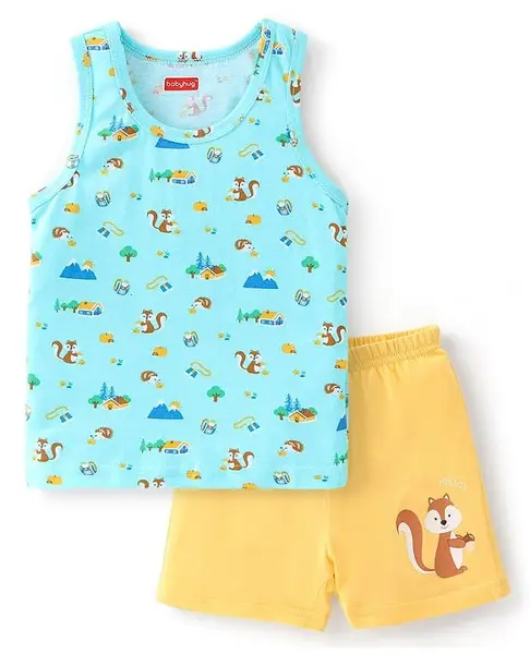 Babyhug 100% Cotton Knit Sleeveless Squirrel Print Sando & Shorts Set - Multicolour