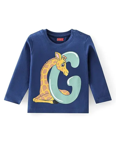 Babyhug 100% Cotton Knit Full Sleeves T-Shirt Giraffe Print - Navy Blue
