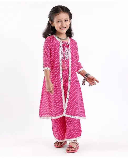Babyhug Half Sleeves Embroidered Jacket with Bandhani Printed Top and Palazzo  Set - Fuchsia