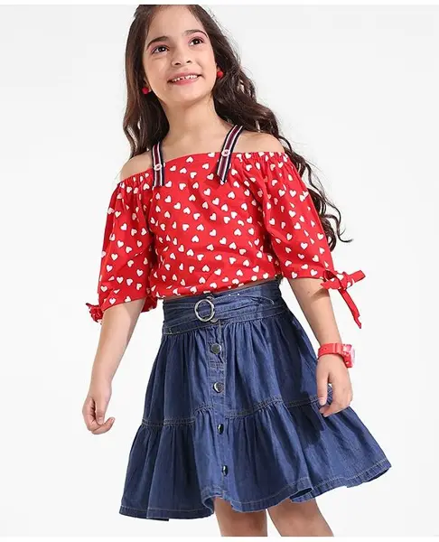 Ollington St. 100% Cotton Full Sleeves Top With Stretchable Denim Skirt Heart Print - Red & Blue