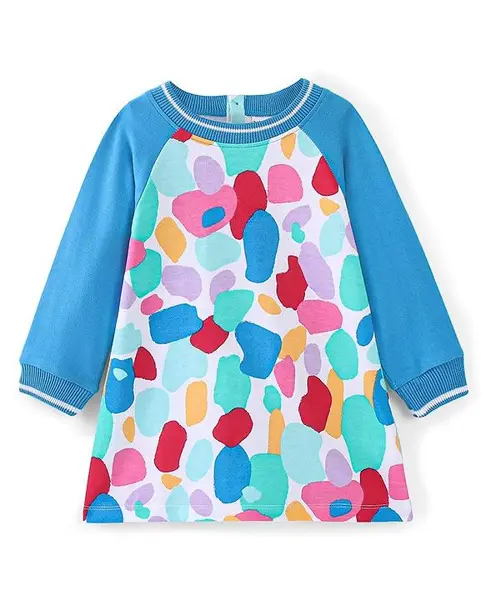 Babyhug Cotton Knit Raglan Sleeves Winter Frock with Abstract Print - Blue