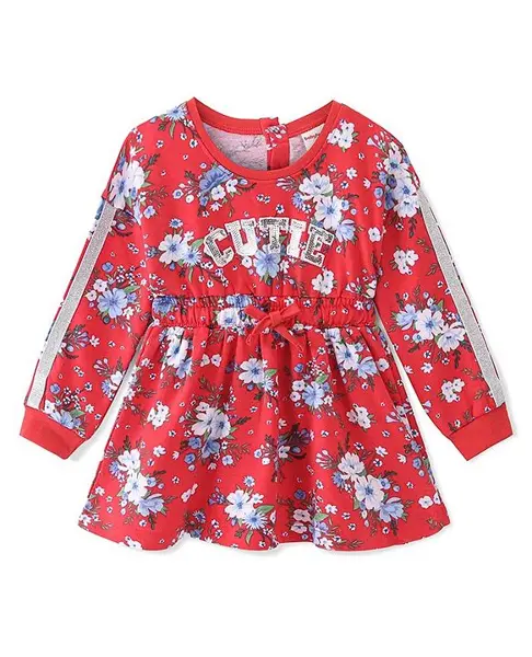 Babyhug 100% Cotton Winter Full Sleeves Frock With Floral Print & Text Sequine - Red
