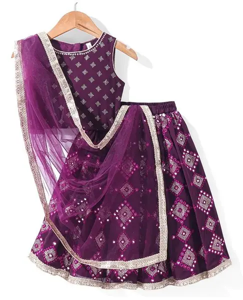 Babyhug Sleeveless Sequin Embroidered Choli with Mirror Embroidered Lehenga Set With Dupatta - Magenta
