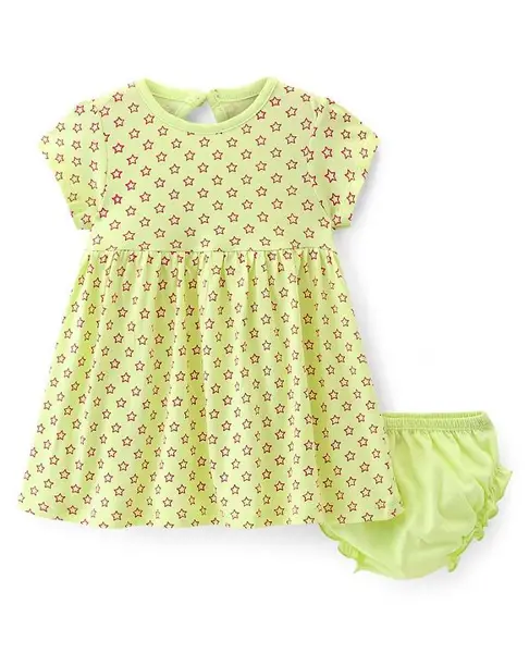 Babyhug 100% Cotton Knit Half Sleeves Stars Printed Frock with Bloomer -Mint