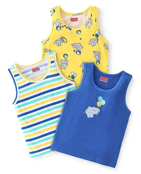 Babyhug 100% Cotton Sleeveless Sando Pack of 3 Elephant Print- Multicolour