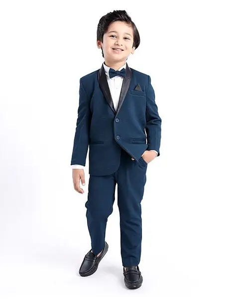 Babyhug Woven Full Sleeves Stretch Fit Party Suit With Bow - Navy Blue
