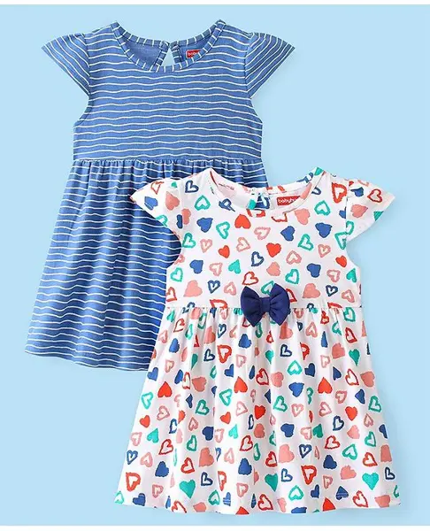 Babyhug 100% Cotton Knit Half Sleeves Frock Striped & Heart Print Pack Of 2 - White & Blue