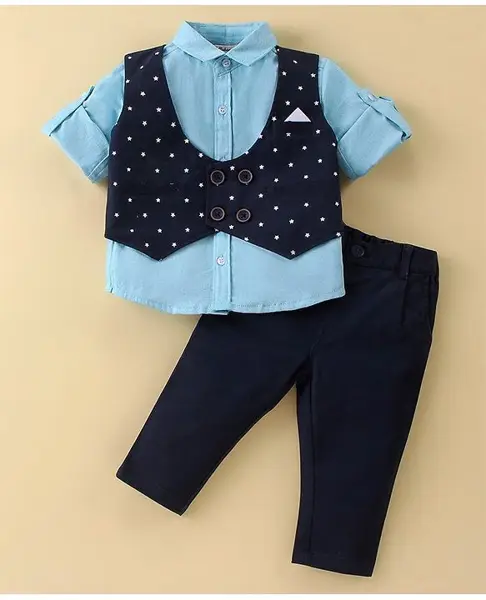 ToffyHouse Cotton Woven Full Sleeves Party Suit Star Print -Navy Blue