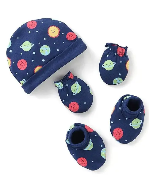 Babyhug 100% Cotton Knit Cap Mittens & Booties Set Sun Print - Navy Blue