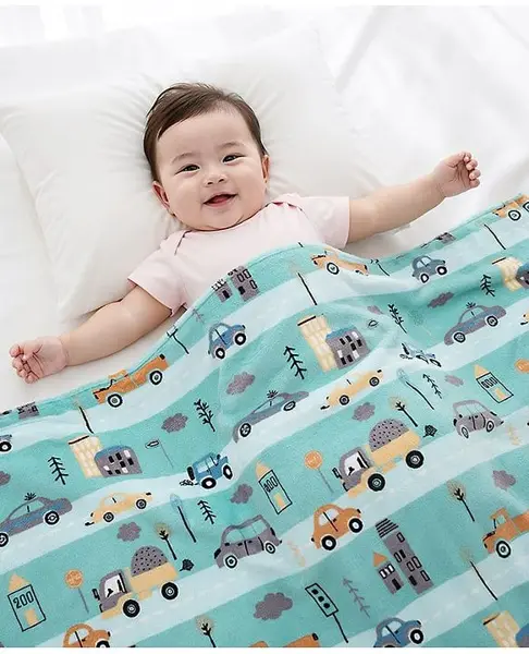 Babyhug Premium City Print Coral Blanket- Sea Green