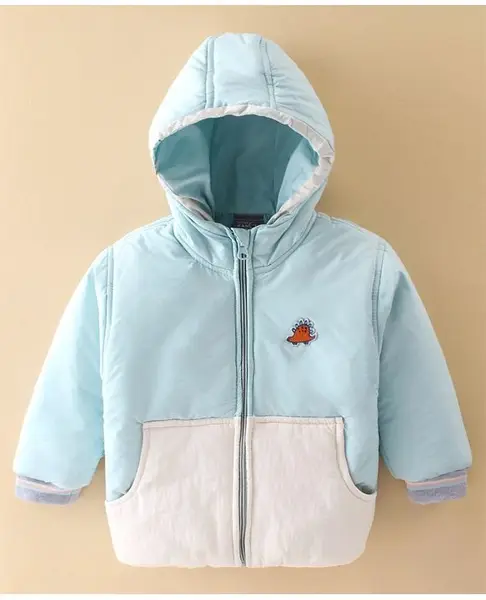 Little Kangaroos Droop Shoulder Winter Wear Padded Hooded Jacket Dino Patch - White & Blue