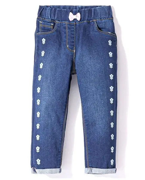 Little Kangaroos 100% Cotton Full Length Jeggings with Bow Applique & Floral Print - Dark Blue