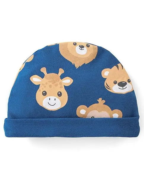 Babyhug 100% Cotton Knit Cap Animal Print Blue - Diameter 13.5 cm