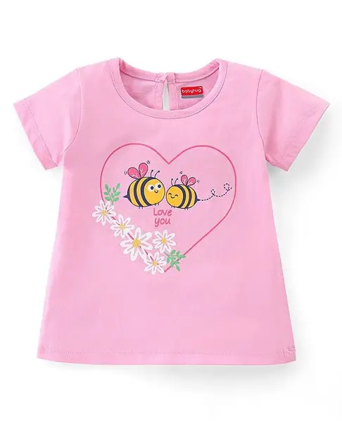Babyhug 100% Cotton Knit Half Sleeves T-Shirt with Kitten Graphics - Pink