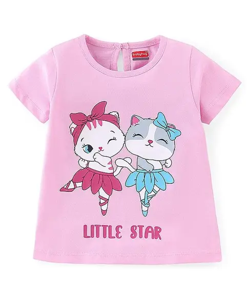 Babyhug Cotton Knit Half Sleeves Kitty Printed T-Shirt - Pink