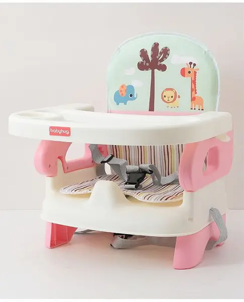 Babyhug Comfort Folding Booster Seat with 3 Point Safety Harness Built-In Cup Holder Animal Print- Pink
