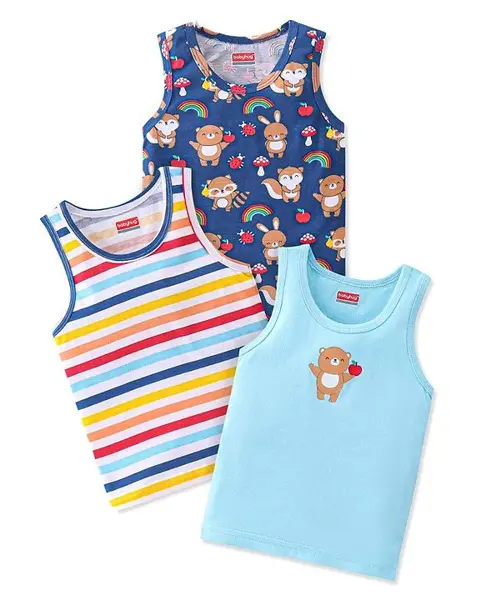 Babyhug 100% Cotton Sleeveless Sando Stripes & Bear Print Pack of 3- Multicolor
