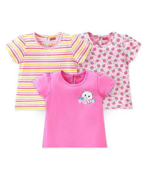 Babyhug Cotton Knit Half Sleeves Striped & Kitty Printed T-Shirts Pack of 3 - Multicolour