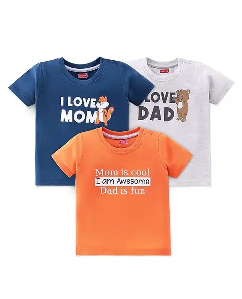 Babyhug Cotton Knit Half Sleeves Text & Animals Graphics T-Shirts Pack of 3 - Orange Blue & Grey