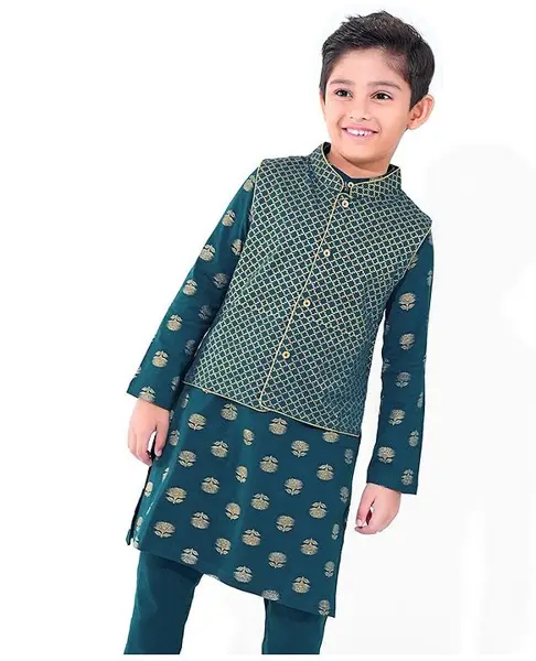 EARTHY TOUCH 100% Cotton Knit  Full Sleeves Floral Printed Kurta Pajama Set with Printed Jacket  - Teal Blue