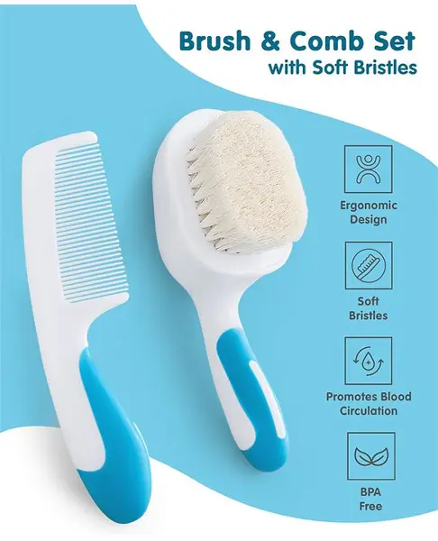 Brush & Comb Set with Soft Bristles - Blue