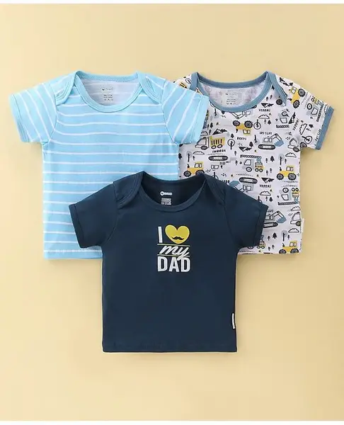 OHMS Cotton Jersey Half Sleeves Vests Construction Vehicles Print Pack of 3 - Blue & White