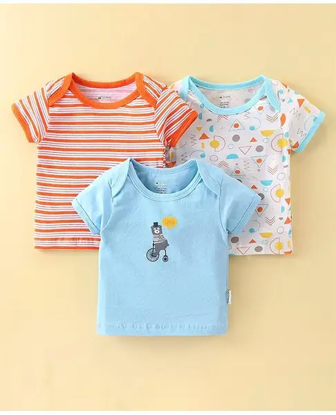 OHMS Cotton Jersey Half Sleeves Vests Shapes Print Pack of 3 - Blue White & Orange