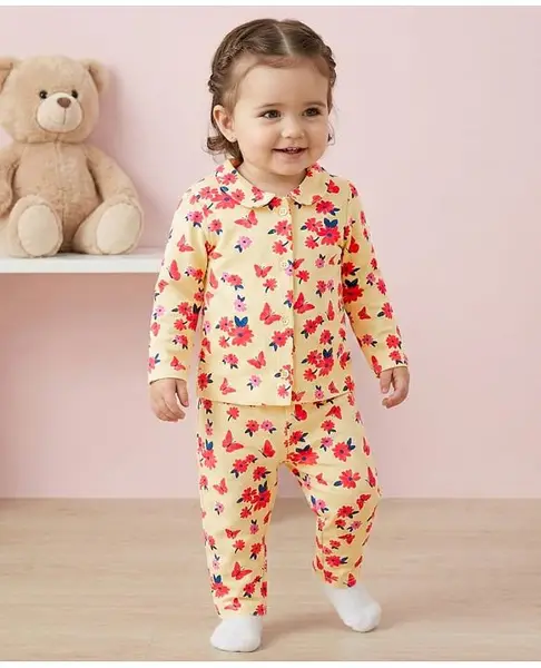 Babyoye Eco Conscious Cotton Modal Full Sleeves Night Suit With Floral Print - Light  Yellow