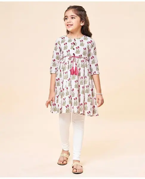 Babyhug Cotton Woven Three Fourth Sleeves Floral Printed Printed Kurti and Salwar Set- White