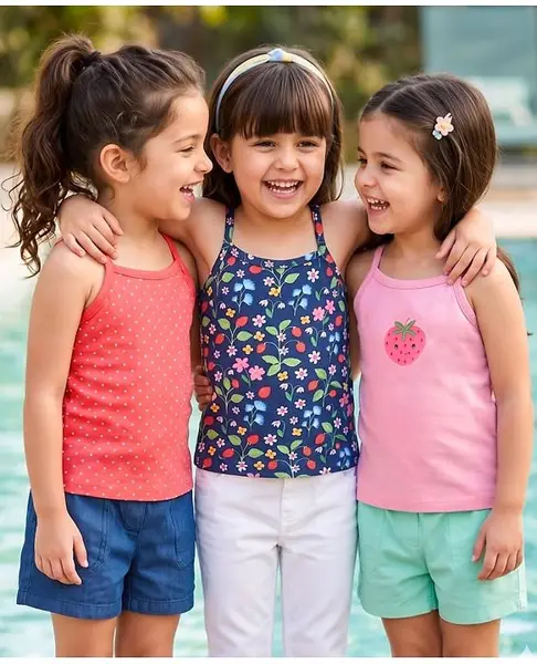 Babyhug 100% Cotton Knit Anti Bacterial Sleeveless Slips Strawberry Floral & Polka Dot  Print Pack of 3- Blue Pink & Red