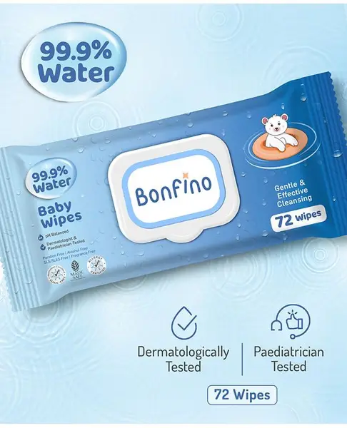 Bonfino 99.9% Water Baby Wipes - 72 Pieces