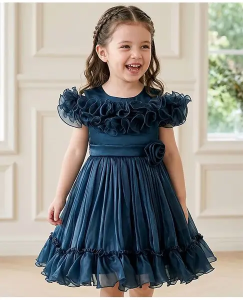Mark & Mia Half Sleeves Party Dress with Floral Applique Frill Detailing - Blue