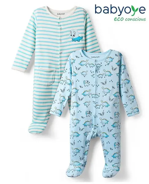 Babyoye 100% Cotton with Eco Jiva Finish All Over Printed Full Sleeves Dino Printed Sleep Suits Pack of 2 - Blue