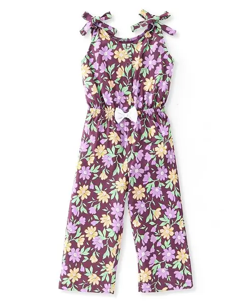 Babyhug 100% Cotton Jersey Knit Shoulder Strap Jumpsuit with Bow Applique Floral Print - Purple
