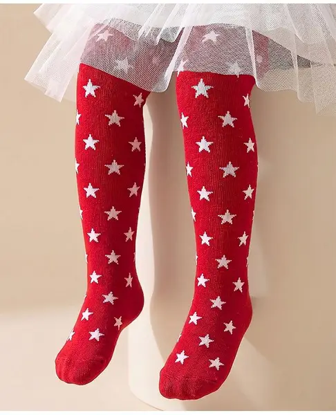 Cute Walk by Babyhug Footed Anti Bacterial Star Design Tights -Red