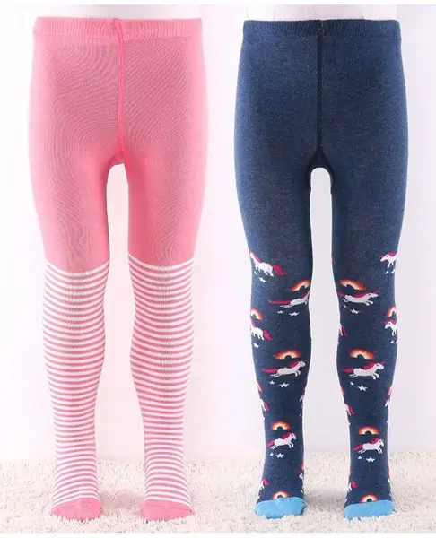 Cutewalk by Babyhug Anti-Bacterial Tights Unicorn & Stripes Print Pack of 2 - Pink & Blue