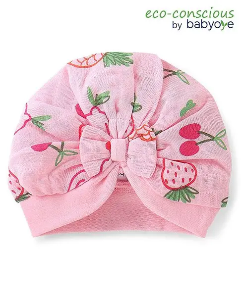 Babyoye  100% Cotton Woven Organic Caps Fruit Print with Bow Applique  -Pink