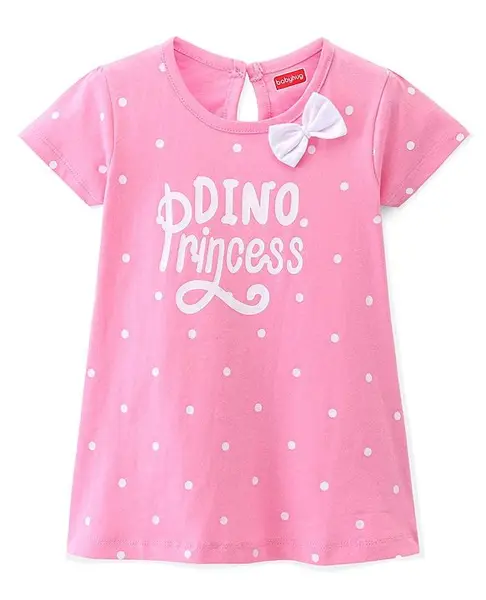 Babyhug Cotton Jersey Knit Half Sleeves Frock with Polka Dots Print & Bow Applique - White
