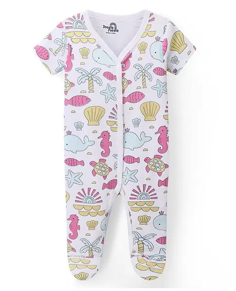 Doodle Poodle Cotton Knit Full Sleeves Sea Life Printed Footed Sleep Suit - Bright White
