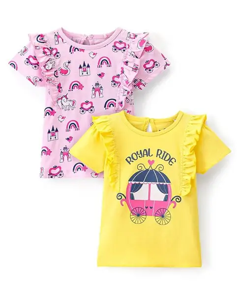 Doodle Poodle 100% Cotton Half Sleeves Unicorn Print T-Shirt Pack of 2- Yellow & Pink
