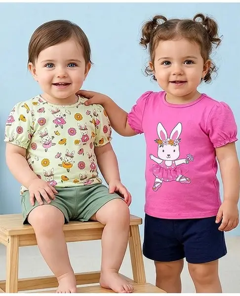 Babyoye 100% Cotton with Eco Jiva Finish Half Sleeves Bunny Printed Tops Pack of 2 - Pista & Pink