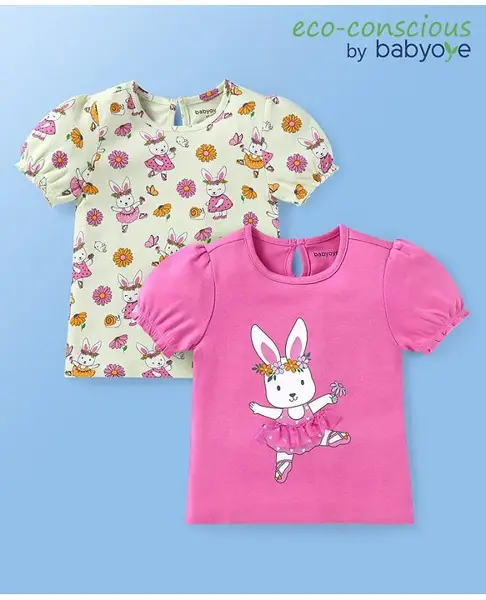 Babyoye 100% Cotton with Eco Jiva Finish Half Sleeves Bunny Printed Tops Pack of 2 - Pista & Pink