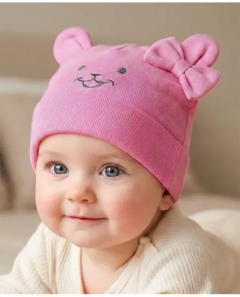 Babyoye 100% Cotton with Eco Jiva Finish Solid Dyed Cap Teddy Print - Pink