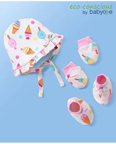 Babyoye Eco Conscious Cotton Cap Mitten & Booties Set Ice Cream Print - White