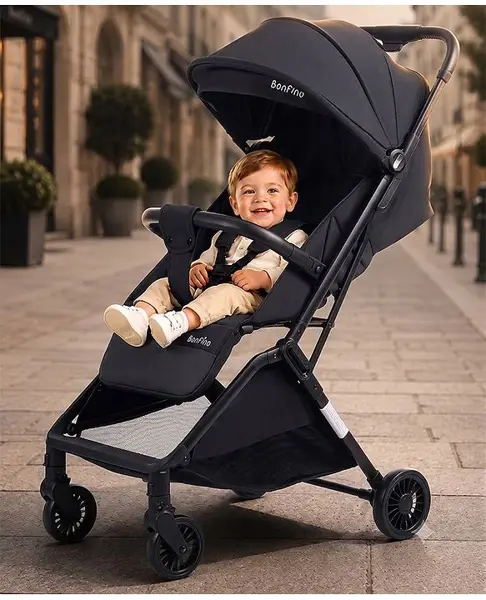 Bonfino AirLuxe Cabin Lightweight Stroller with Linen Fabric and Compact Tri-fold - Black