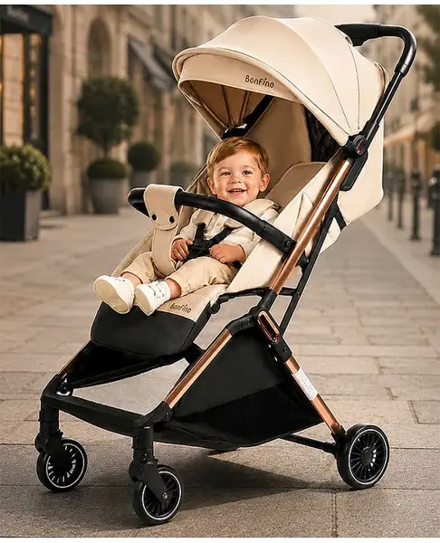 Bonfino AirLuxe Cabin Lightweight Stroller with Linen Fabric and Compact Tri-fold - Beige