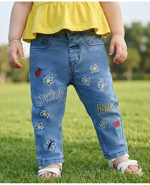 Babyoye Cotton Blend Full Length Jeans with Floral & Text Embroidered - Blue