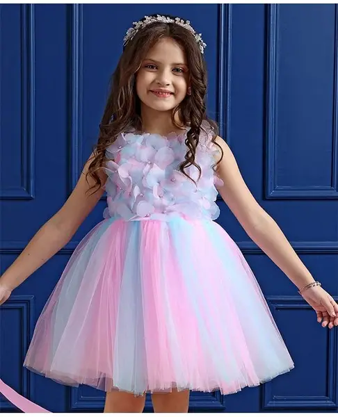 Mark & Mia Sleeveless Party Frock With Floral Petal Applique - Pink & Blue