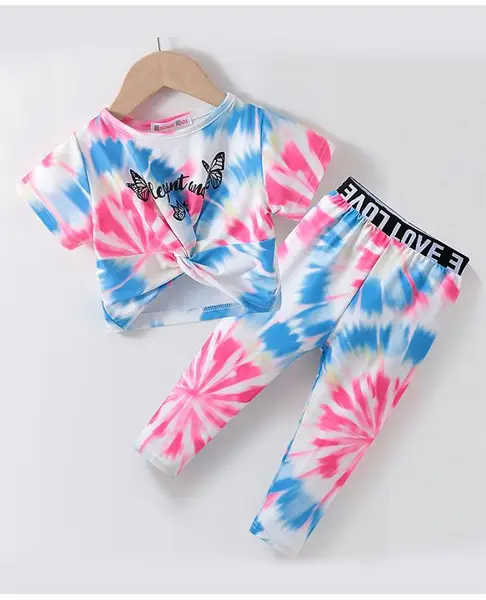 Kookie Kids Half Sleeves Tie Dyed Top & Leggings Set Butterfly Print - Multicolor