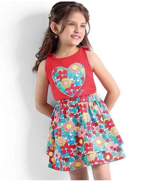 Babyhug 100% Cotton Knit Sleeveless Top & Skirt Set with Knot Detailing & Floral Print - Red